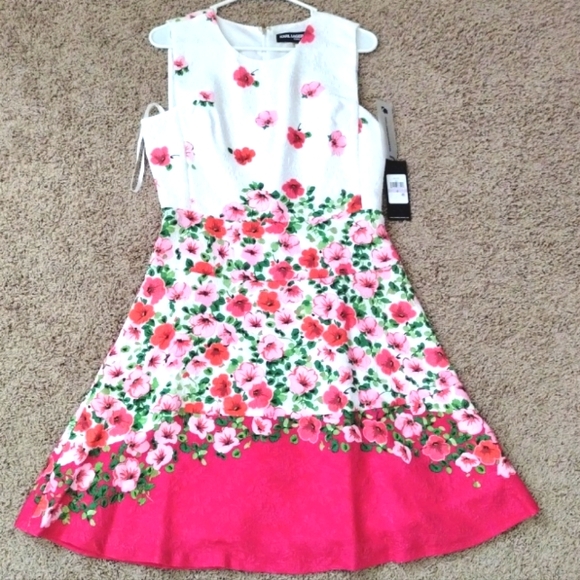 Karl Lagerfeld Dress Sz 6 Sleeveless Pink White Posey Floral Back Zip Lined - Picture 2 of 15